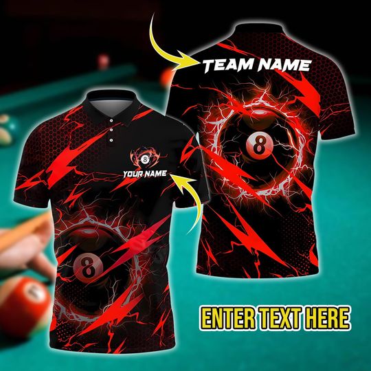Discover Custom 3D Billiard Shirt  8 Ball Lightning Hexagon Design | Custom Name & Team Polo Shirt