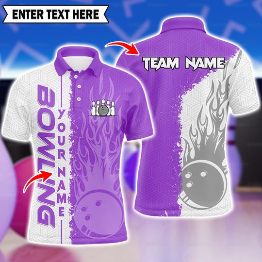 Discover Custom White and Purple Flame Bowling Team Polo Shirts, Bowling Team Uniforms