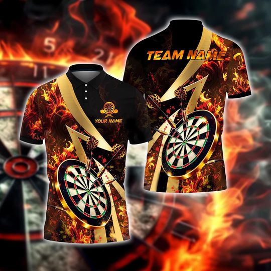 Discover Custom Dart Fire Shirt, Personalized Gold Flame Dartboard Polo Shirt