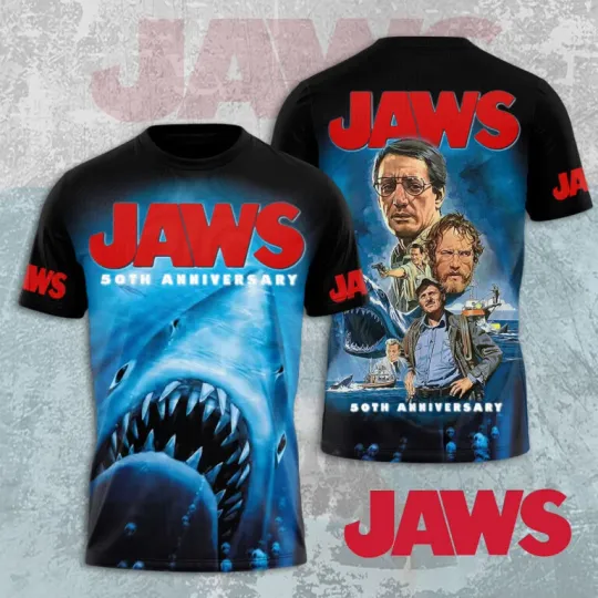 Discover Jaws Movie 50 Years 1975-2025 Thank For The Memories 3D Shirt