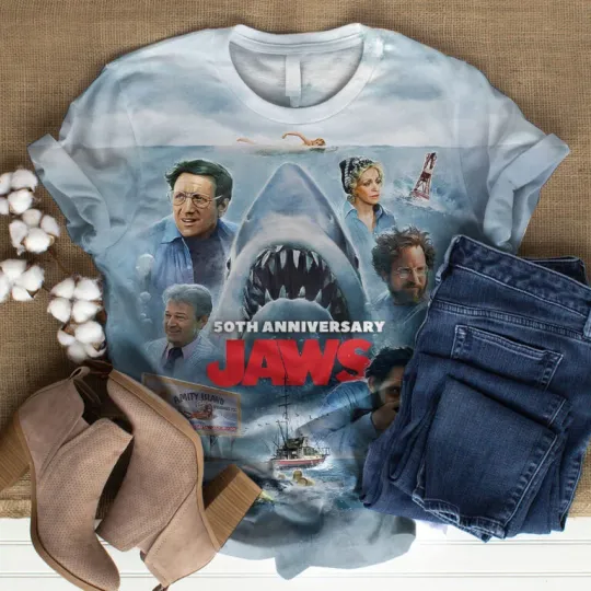 Discover Jaws Movie 50 Years 1975-2025 Thank For The Memories 3D Shirt