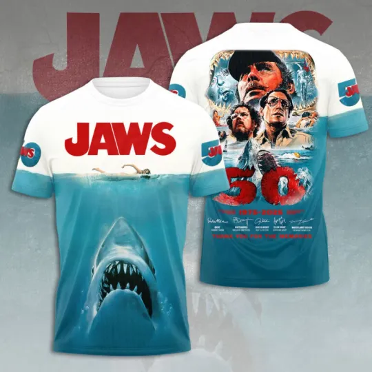 Discover Jaws Movie 50 Years 1975-2025 Thank For The Memories 3D Shirt