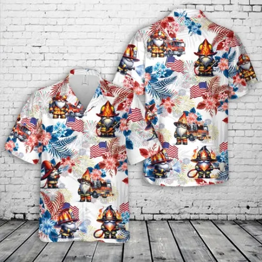 Discover Fire trucks Gnomes Firefighter 4th Of July Hawaiian Shirt