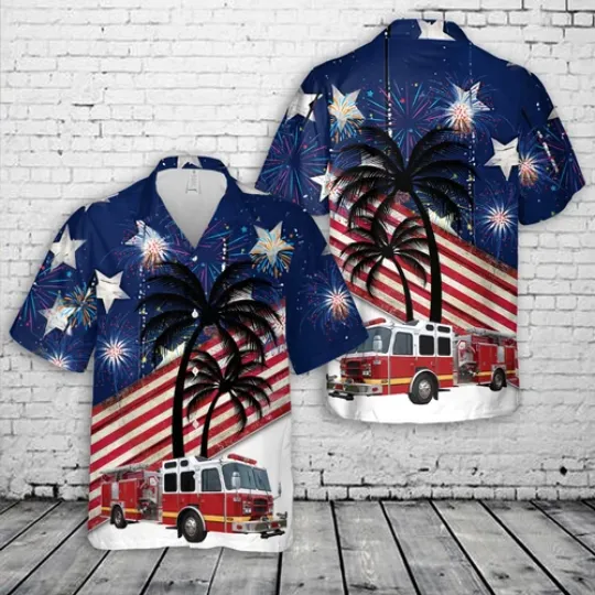 Discover Fire Truck Firefighter 4th Of July Hawaiian Shirt