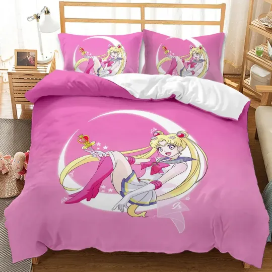 Discover Kawaii Sailor Moon Bedding Set for Girls Luxury Duvet Cover Pink