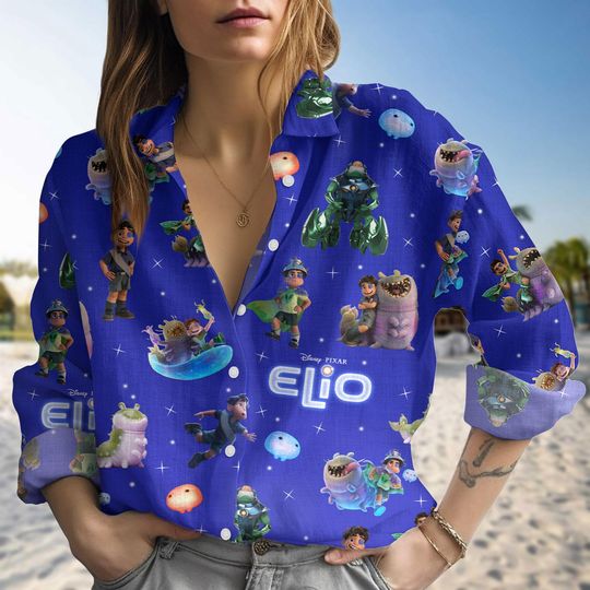 Discover Disneyyy Elio Women Blouse, Cartoon Button Up Shirt, Elio Character Linen-Look Shirt