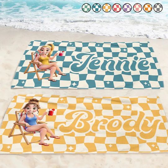 Discover Retro Checker Just A Girl Who Loves Beach - Personalized Beach Towel