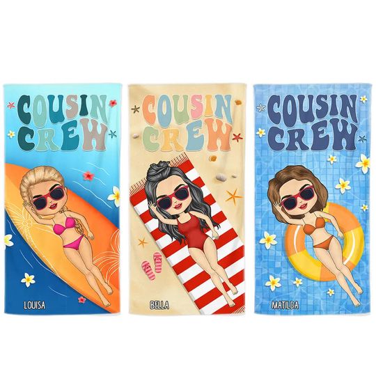 Discover Retro Cousin Crew Chibi Sister Brother - Personalized Beach Towel
