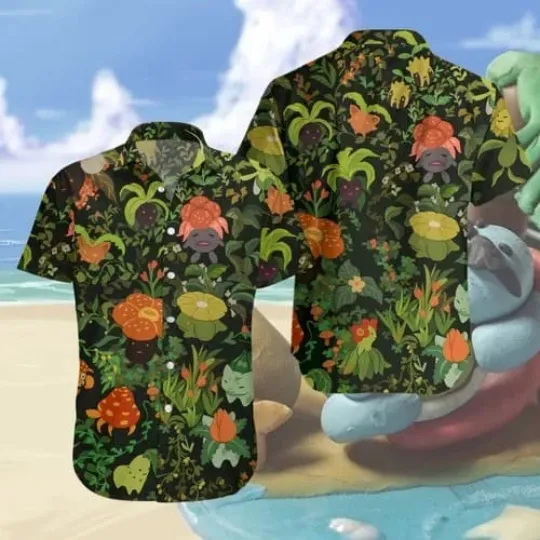Discover PKM Trendy Hawaiian Shirt Grass Type Pokemons Flower Green Hawaii Aloha Shirt