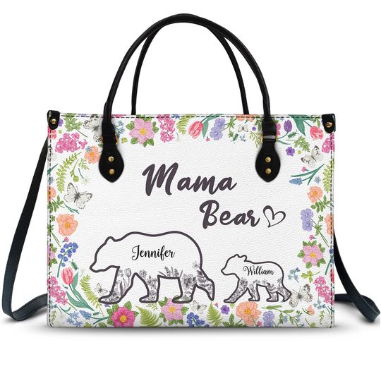 Discover Floral Mama Bear - Gift For Mother - Personalized Leather Bag
