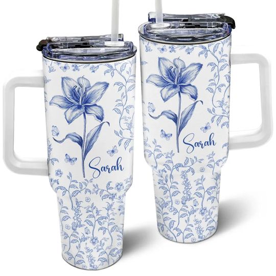 Discover Bloom Where You're Planted Toile Birth Flower - Personalized 40oz Tumbler With Straw