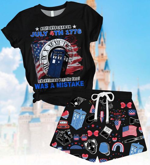 Discover Doctor Who 4th of July T-Shirt Short Set, Police Box America Pajamas Set, Dr Who Tardis Sleepwear, Red White And Blue Loungewear
