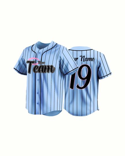 Discover Light Blue Pinstripe Jersey with Pink Accents Custom Baseball Jersey