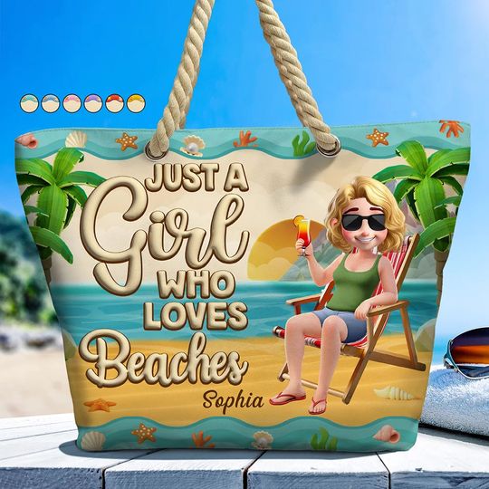 Discover Just A Girl Who Loves Beaches Cartoon - Personalized Beach Bag