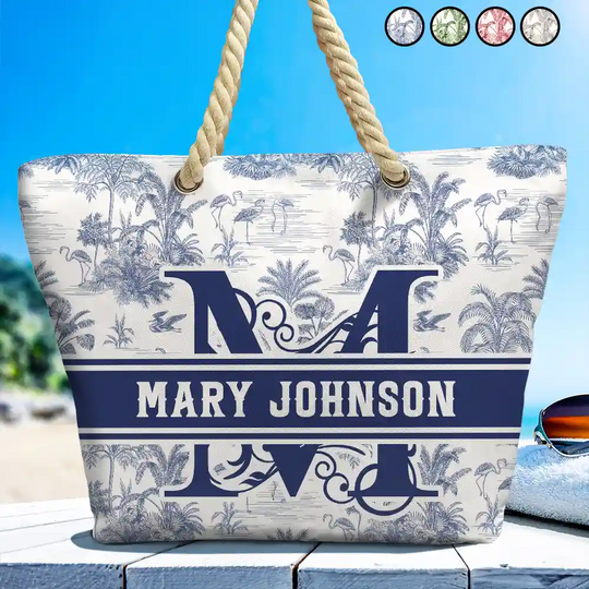 Discover Toile De Jouy Beach Pattern Monogram - Personalized Beach Bag