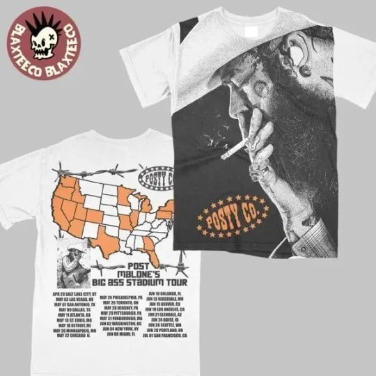 Discover Post Malone Big Ass Stadium Tour 2025 Photo Art With Tour Dates 3D Shirt