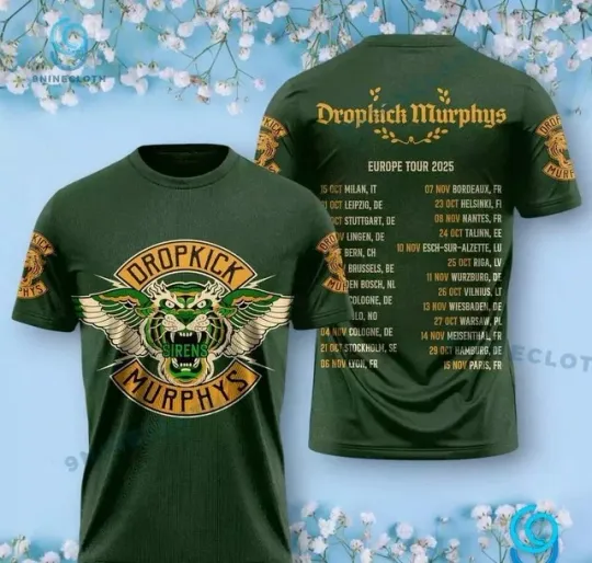 Discover Dropkick Murphys Tiger Sirens Europe Tour 2025 3D T-shirt 2025 Tour 3D T-Shirt