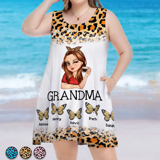 Discover Mom Grandma Kids Butterflies Leopard Pattern - Personalized Sleeveless Tank Dress