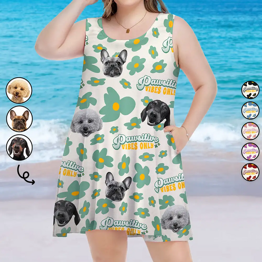 Discover Custom Photo Pawsitive Vibes Only Summer Flowers - Personalized Sleeveless Tank Dress