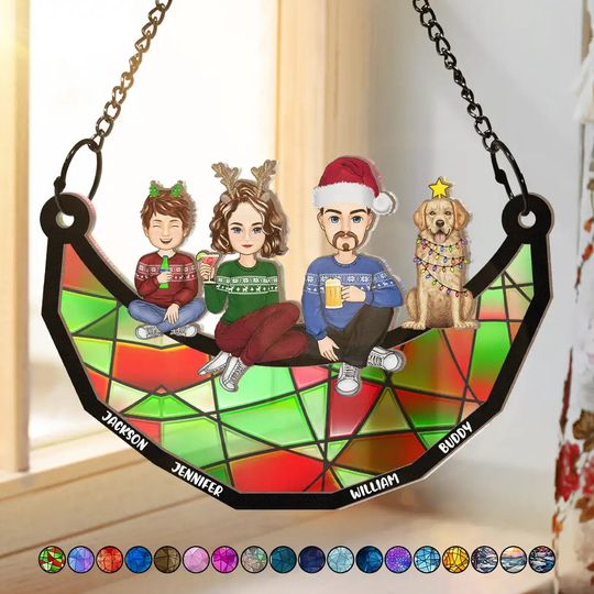 Discover Family Sitting On The Moon - Personalized Window Hanging Suncatcher Ornament