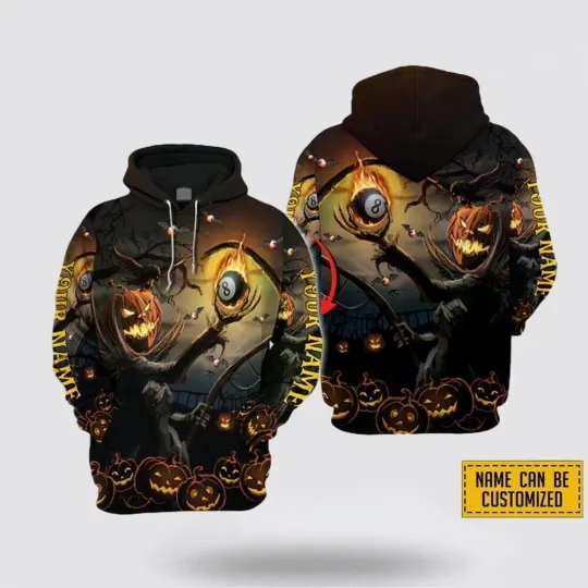 Discover Personalized Name Billiards Pumpkin Halloween Scary All Over Print 3D HOODIE