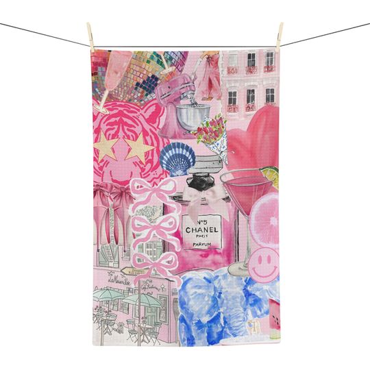 Discover Coquette Collage Tea Towel, Scrapbook Tea Towel, Summer Tea Towel