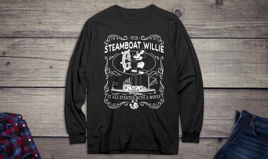 Discover Mickeyy mouse Long Sleeve Shirt, Steamboat Willie Label Long Sleeve Tee, Steamboat Willie Long Sleeve