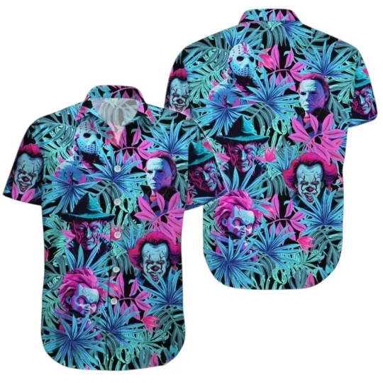 Discover Horror Movie Button Shirt Horror Character Hawaiian Shirt Halloween Costume Outf