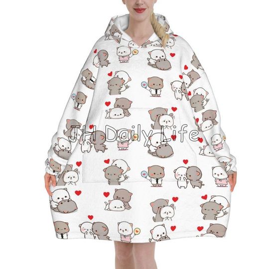 Discover Cute Mochi Peach and Goma Cat Wearable Hoodie Blanket