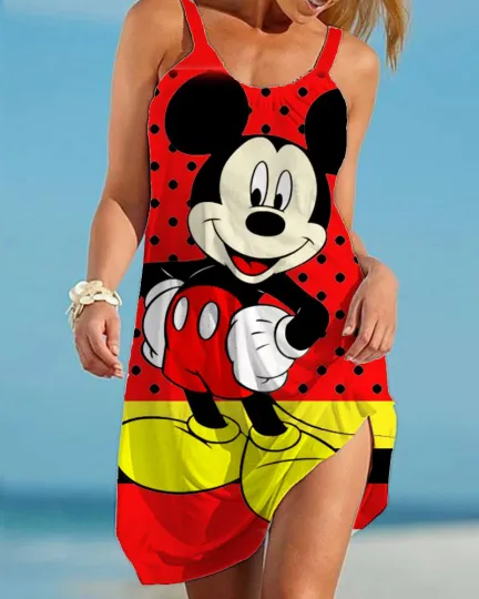 Discover Women's Beach Dress Sleeveless Elegant Dress Cartoon Loose Sling Minniee Mouse