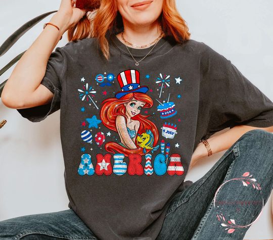 Discover Retro Arielll America 4th of July Shirt | Vintage Little Mermaid Patriotic Disneyyy Tee