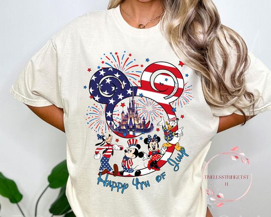 Discover Retro Mickeyy & Friends Happy 4th of July Shirt | Vintage Disneyyy Castle Fireworks Tee