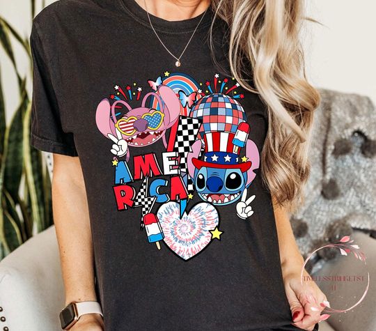 Discover Stitchh & Angel 4th of July Shirt | Retro Disneyyy Couple USA Tee