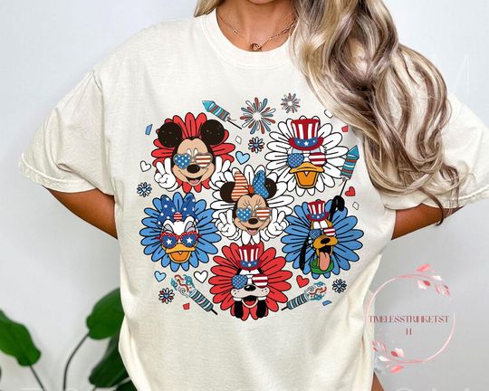 Discover Disneyyy Patriotic Flower Faces Shirt | 4th of July Mickeyy Minniee Donald Tee