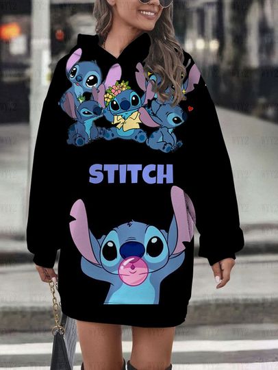 Discover Autumn Winter Disneyyy Stitchh Printed Women's Loose Comfortable Hoodie Dress