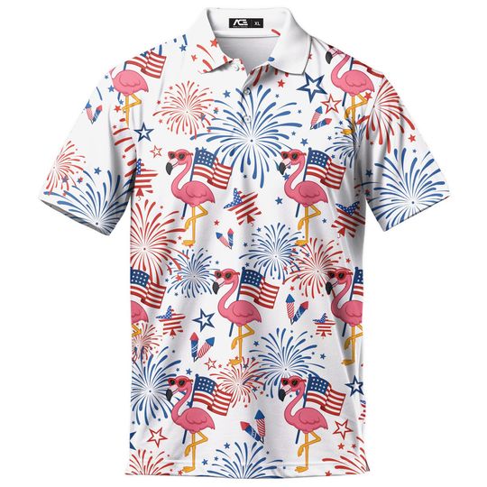 Discover Flamingo USA Flag Independence Day Polo Shirts For Men Golf Polos 4th Of July Pattern Mens Polo Shirts