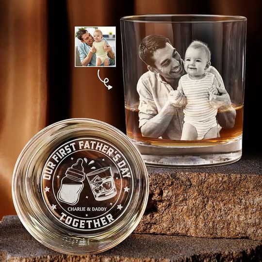 Discover Custom Photo Our First Father's Day Together - Personalized Engraved Whiskey Glass