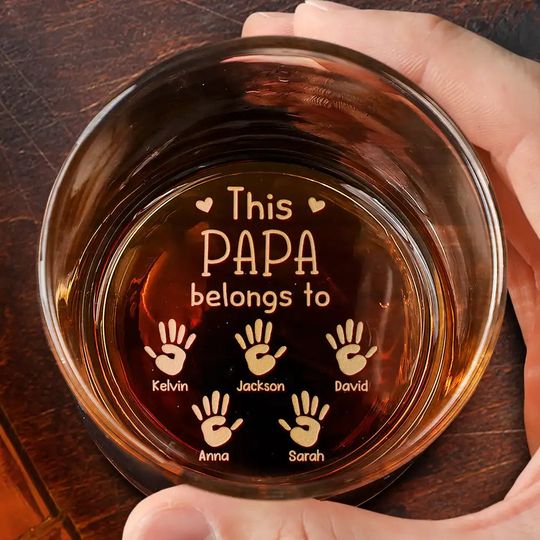 Discover Dad Kid Handprints This Papa Belongs To - Personalized Engraved Whiskey Glass