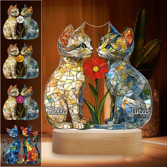Discover Love Cats - Personalized Cat Shaped Plaque Light Base
