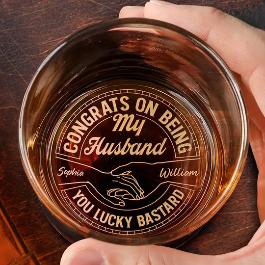 Discover Couple Congrats On Being My Husband You Lucky Man - Personalized Engraved Whiskey Glass