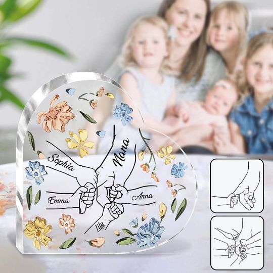 Discover Mother Children Holding Hands Pastel Floral Pattern - Personalized Mother Custom Shaped Acrylic Plaque
