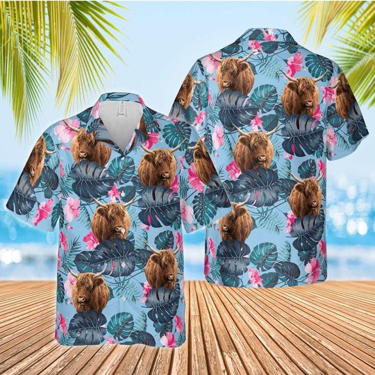 Discover Highland Cow Embracing Blue Hibiscus Highland Cow Hawaiian Shirt