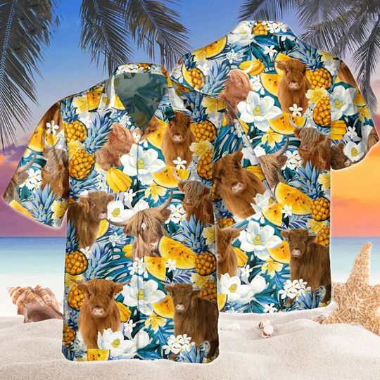 Discover Highland Cow With Tropical Fruits Highland Cow Hawaiian Shirt