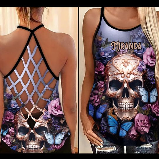Discover Beauty Of The Dark Skull Roses Butterflies - Personalized Skull Cross Tank Top
