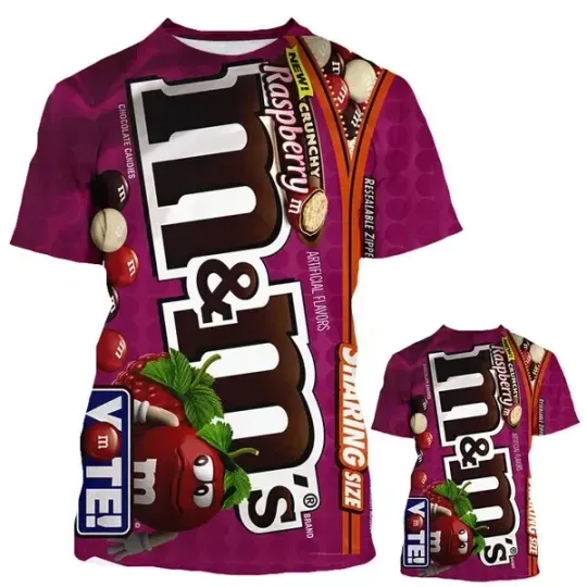 Discover Raspberry M&M’s Shirt – Bold Full Overprint 3D Candy Lover Graphic Tee