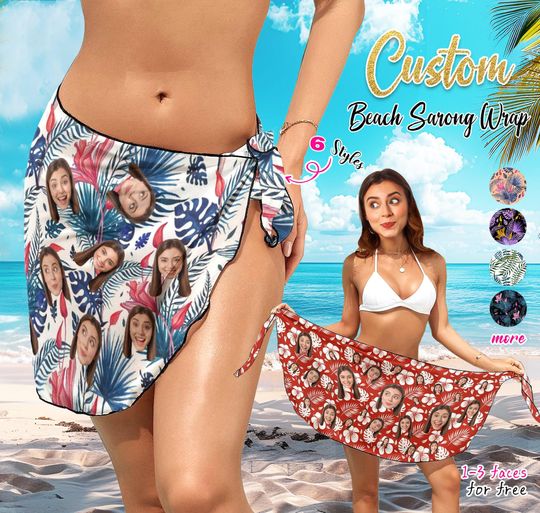 Discover Custom Face Beach Sarong Wrap, Personalized Photo Sarong Wrap, Picture on Bikini Cover up