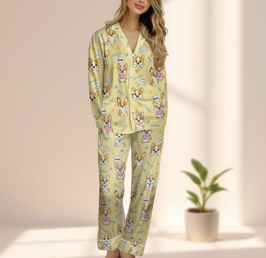 Discover Cute Corgi Dog Satin Pajamas Set