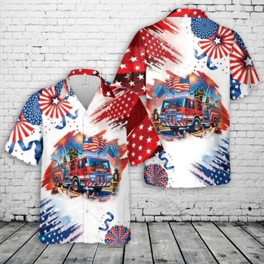 Discover Fire Truck 4th Of July Hawaiian Shirt, Perfect Shirt for Firefighter