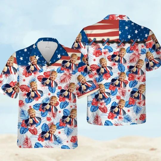 Discover Funny Trump Thumb Up Tropical Flowers USA Flag Happy 4th Of July Hawaiian Shirt