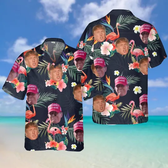 Discover Trump Tropical Flowers Flamingo Happy 4th Of July Aloha Summer Hawaiian Shirt
